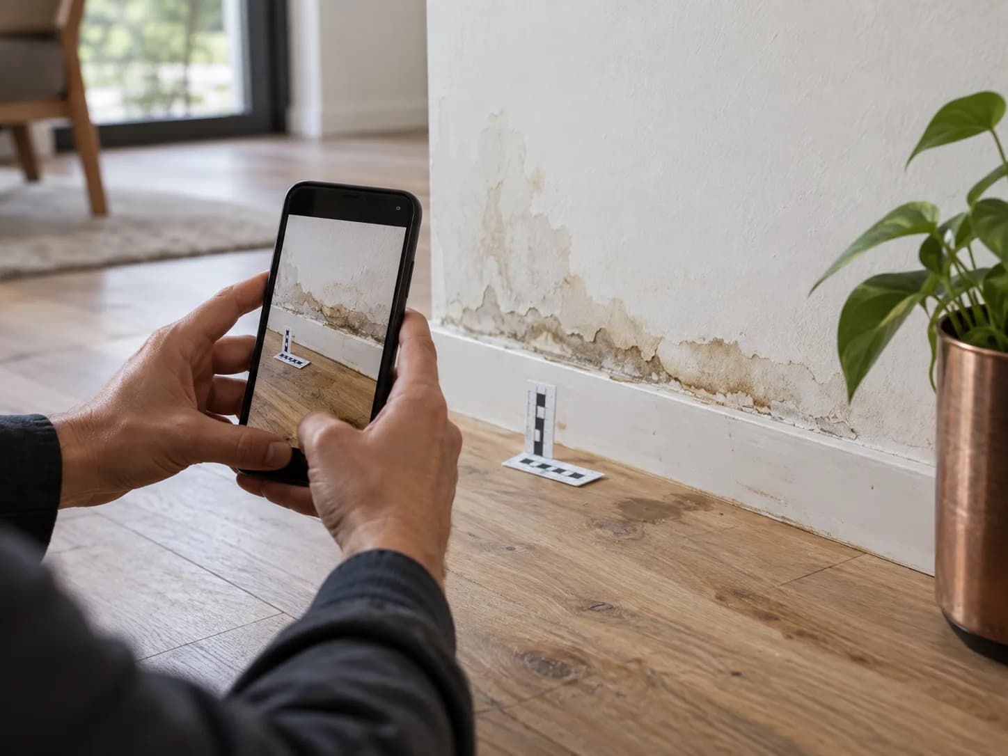 A claimant documenting water damage with a smartphone