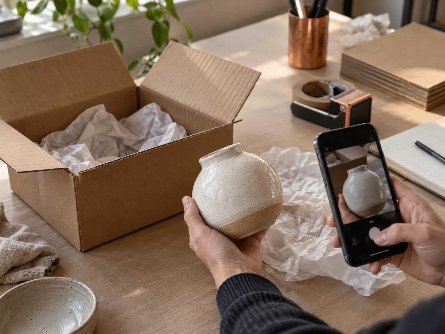 A marketplace seller documenting an item beside its shipping box